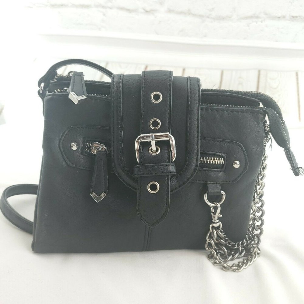 Aldo Womens Black Faux Leather Buckle Flap Folded Crossbody Handbag Purse